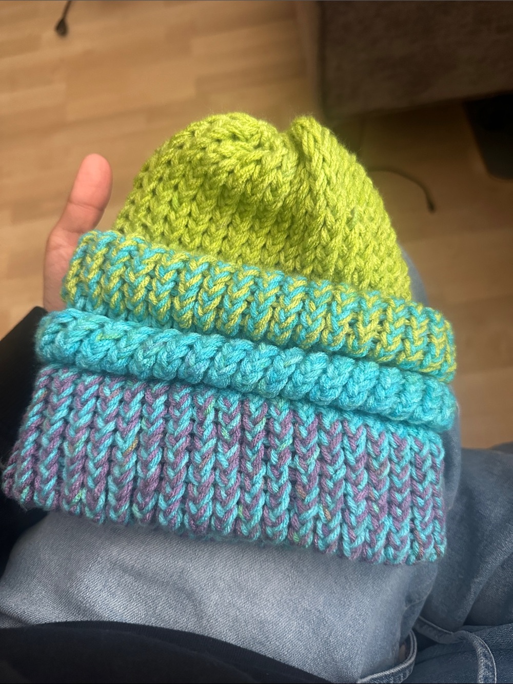 Kids Knit Beanie Set - Lime Green, Aqua & Purple - Unbranded